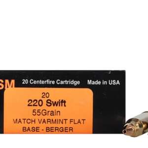 HSM Varmint Gold Ammunition 220 Swift 55 Grain Berger Varmint Hollow Point Flat Base