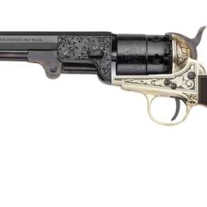 Pietta 1851 Navy Deluxe Black Powder Revolver 44 Caliber 7.5" Barrel Brass Engraved Frame Checkered Brown Poly Grip Blue