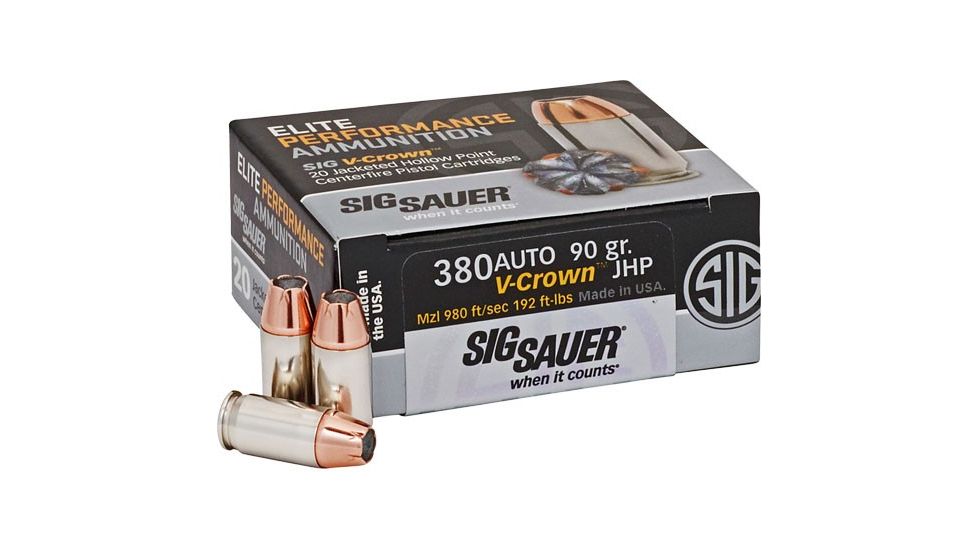 Sig Sauer Elite V-Crown .380 ACP 90 grain Jacketed Hollow Point Brass Cased Centerfire Pistol Ammunition