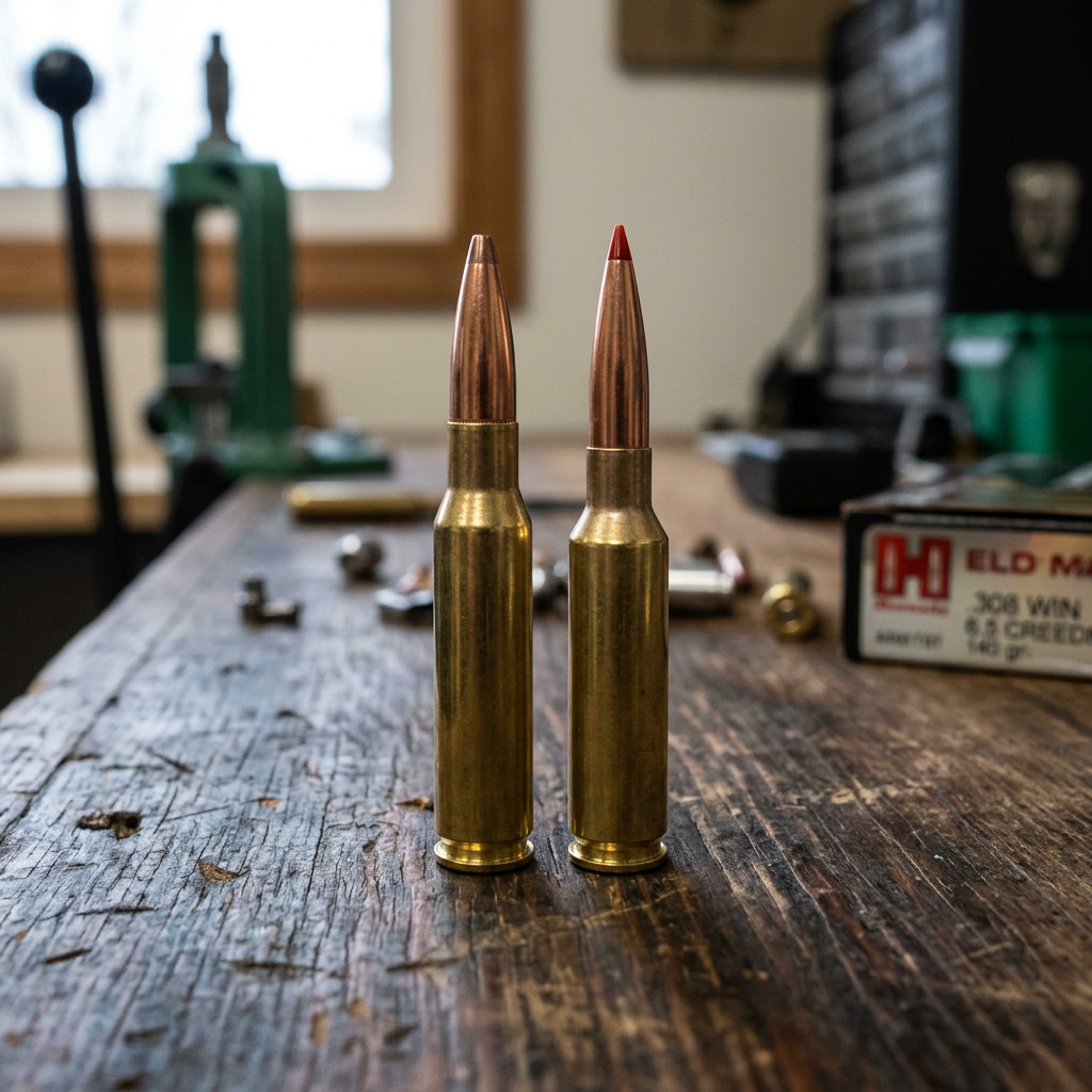 Two rifle cartridges standing upright on a wooden workbench with reloading equipment in the background.