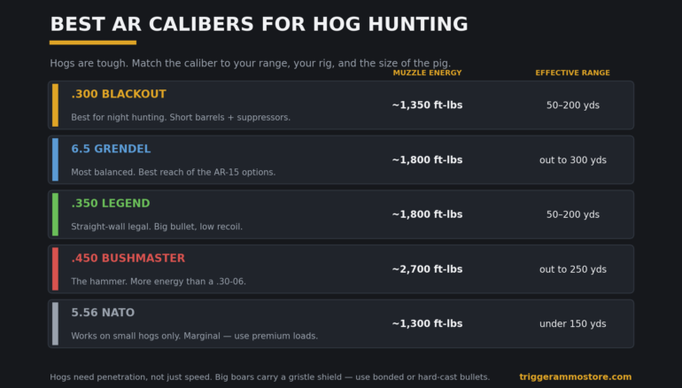 Best hog hunting calibers for AR rifles compared by energy and range